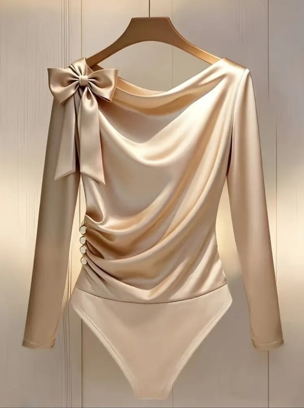 Fashionable New Minimalist Champagne Glossy Jumpsuit, Featuring Satin Drop